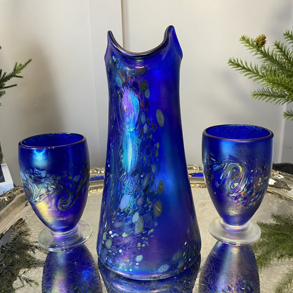 Hand Blown Venetian Italian Art Glass pitcher and glasses set Blue Color signed - Picture 3 of 14